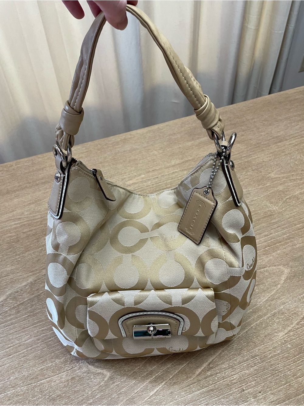 Coach Beige Signature Shoulder Bag with Leather Strap & Silver Hardware